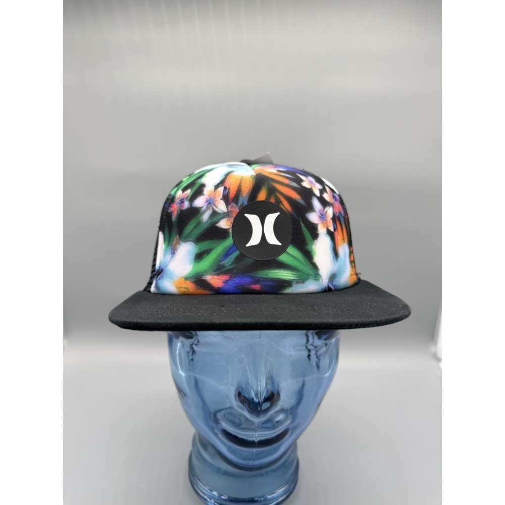 HURLEY Floral Tropical Hawaii Black Mesh SnapBack Trucker Hat Adult Balboa NWT